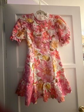 Vici Pink and Yellow Floral Lace Fit-and-Flare Dress